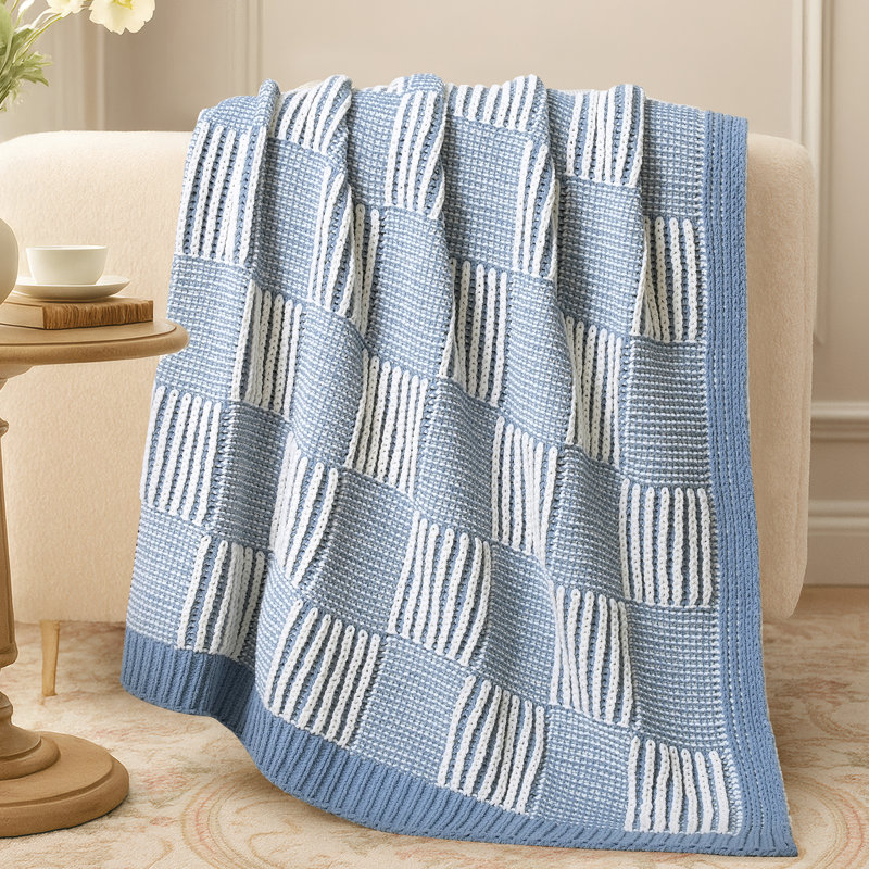 Jeté à carreaux en chenille, couverture décorative pour canapé, salon, chambre à coucher, Bleu / blanc