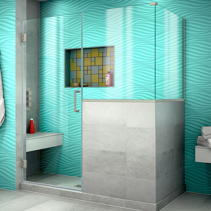 Unidoor Plus 58" W x 30.375" D x 72" H Frameless Pivot Rectangle Shower Enclosure with Fixed Panel, Brushed Nickel