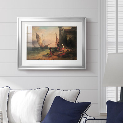 Scène côtière italienne avec des pécheurs (mal répartie) - Inconnu / 19e siècle, peintre marin, reproduction encadrée avec passe-partout et verre - c. Milieu du 19e siècle