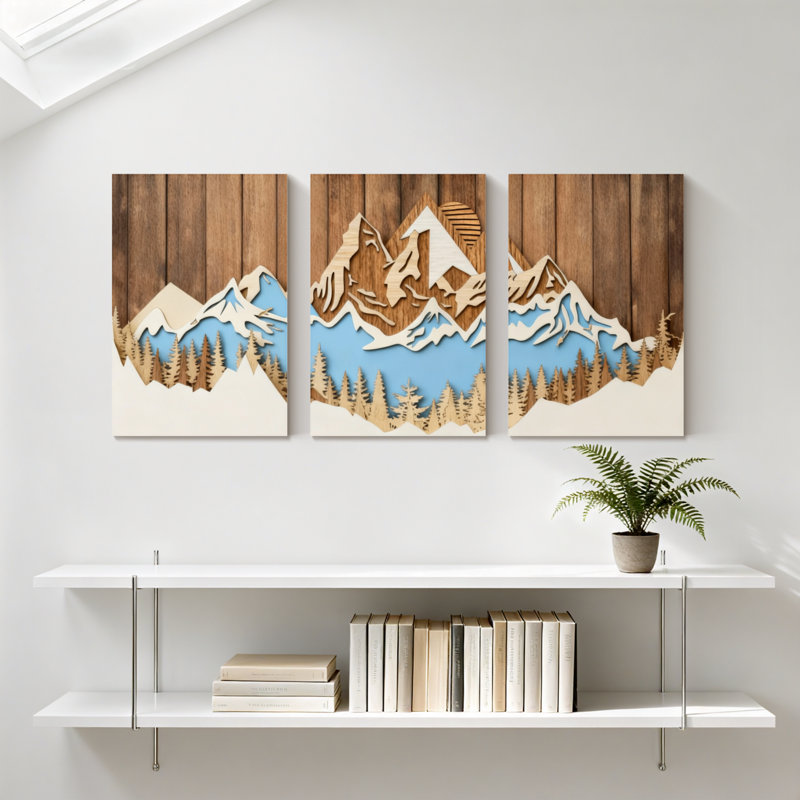 Paysage et nature, chaîne de montagnes avec arbres et ciel, ensemble de 3 impressions sur toile, H 30 po x l 60 po