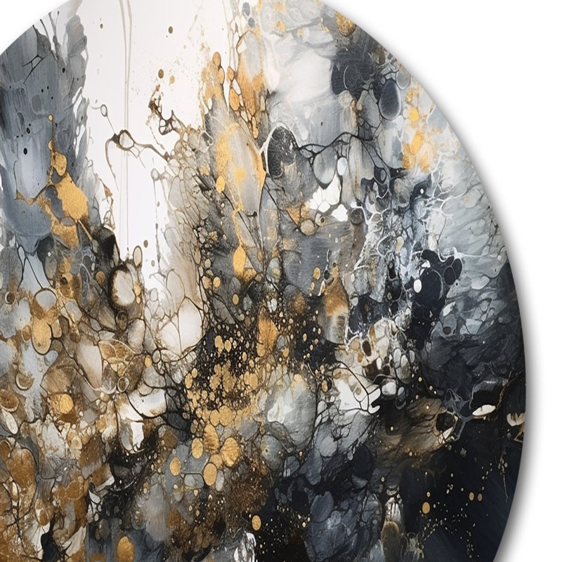 Grey Gold Delicate Abstract Brushstrokes V - Abstract Marble Round Wall Art on Metal, 29" H x 29" W x 1" D