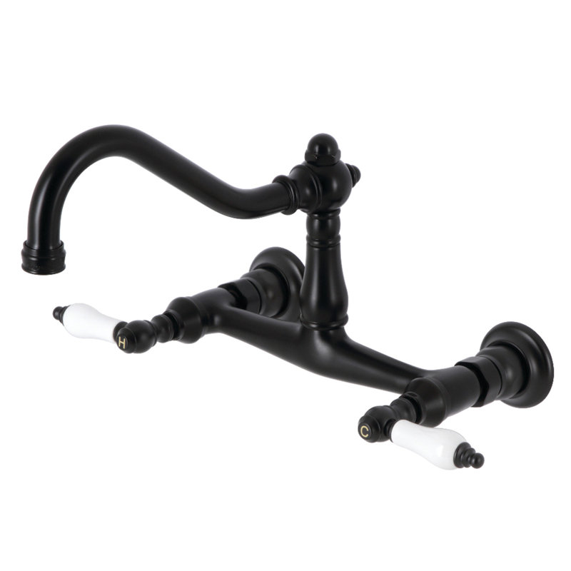 Kingston Brass Vintage Two-Handle 2-Hole Wall Mount Bathroom Faucet, Matte Black/White