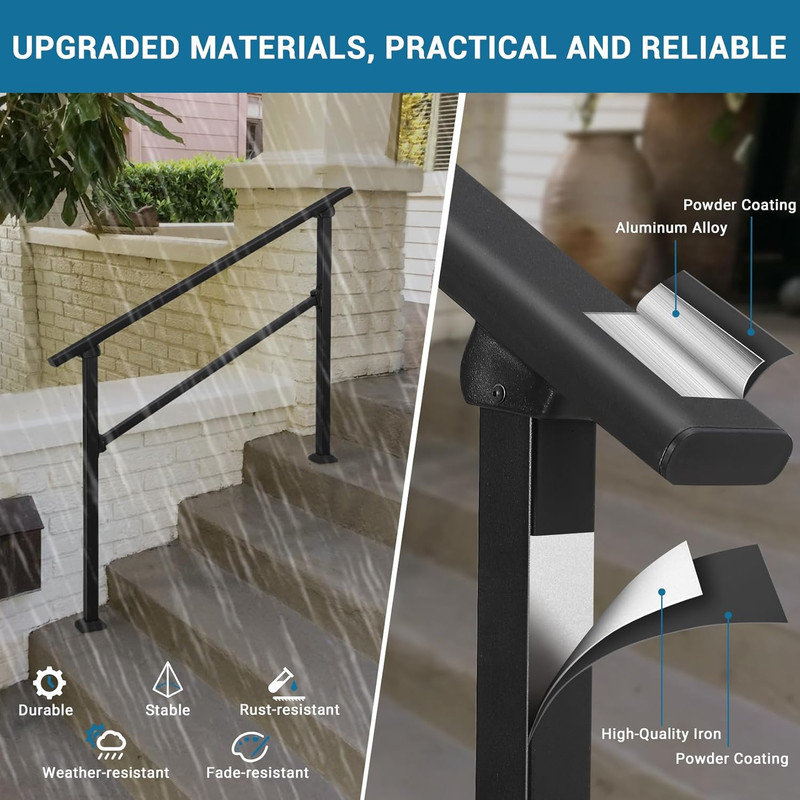 Ensemble de 2 rampes d'escalier en aluminium noir à 2 ou 6 marches avec poteaux en fer, rampe de sécurité conforme ADA pour porche et entrée