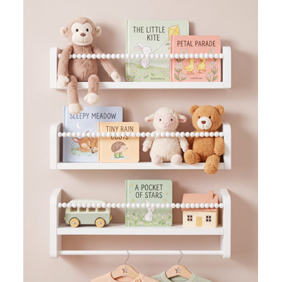 Ensemble de 3 tablettes flottantes blanches de 40 cm (15,8 po) pour chambre d'enfant, étagère murale en pin massif avec traverses avant en moulures de bois