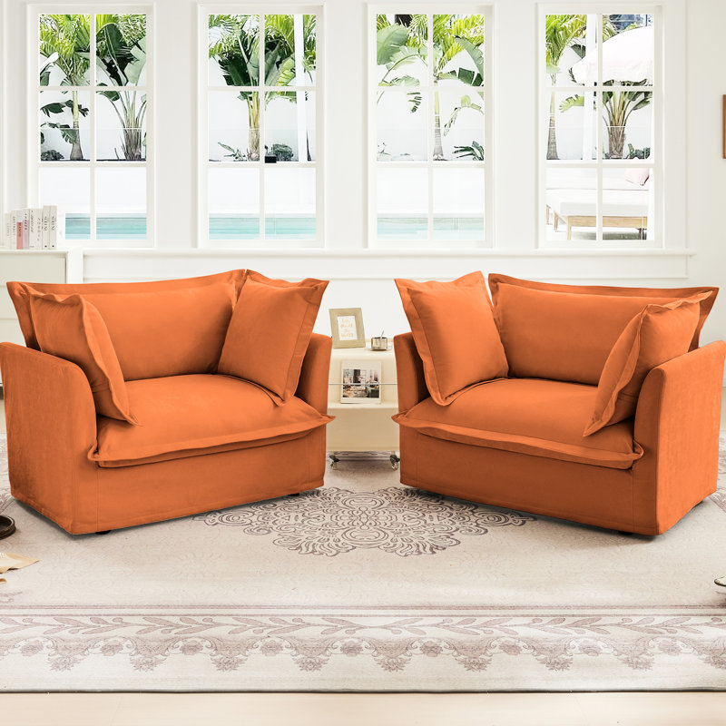 Of 2 Orange Chenille Armchairs With High - Back Pillows, Spacious Seating And Natural Stitching For Home Seat In Orange, Soft Removable Slipcovers Comfortable Relaxing