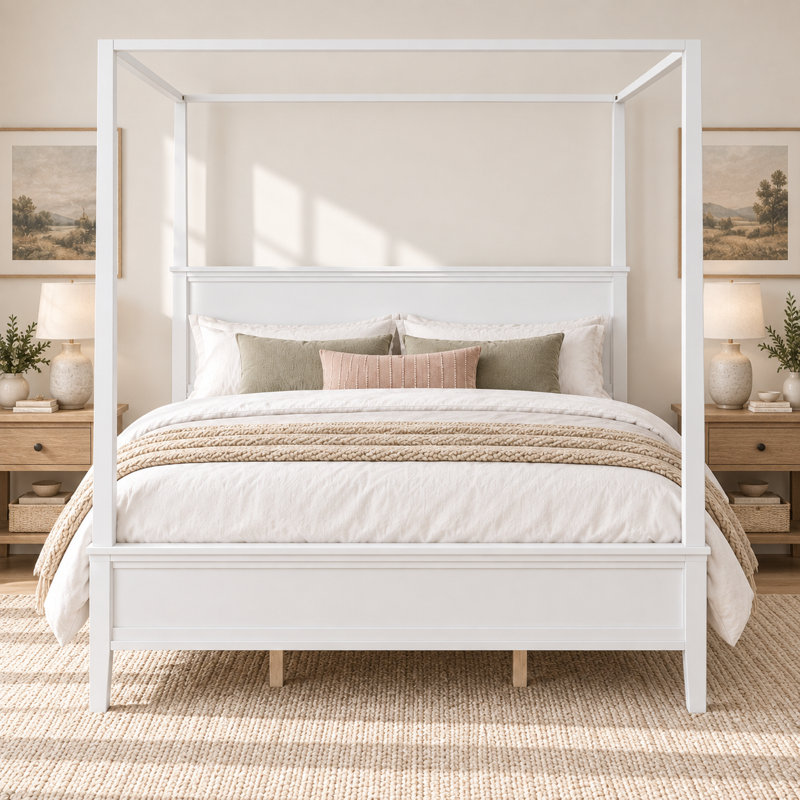 Lit plateforme Postelune King en bois avec baldaquin et tête de lit, style rustique campagnard, pieds fuselés d'inspiration milieu du siècle, dégagement de rangement de 21 cm et capacité de charge de 363 kg