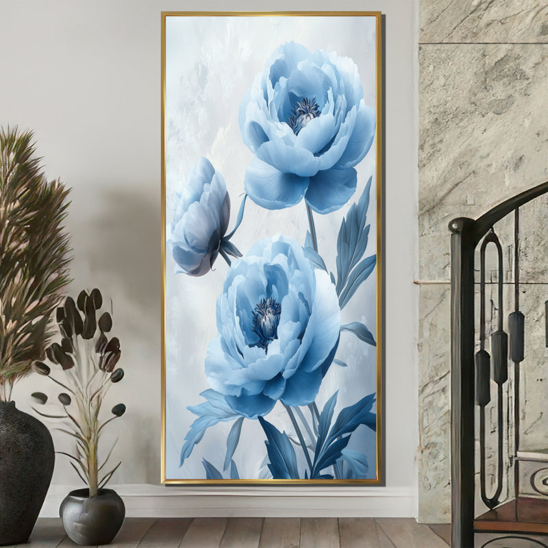 Callender bleu velours pivoines Blooms III - pivoines, art mural, H 60 po x l 28 po, Reproduction avec cadre flottant, Doré