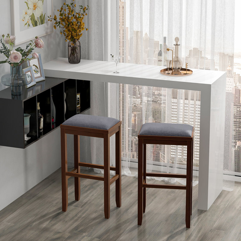 Walnut 31" Backless Upholstered Bar Stools with Gray Linen Seats
