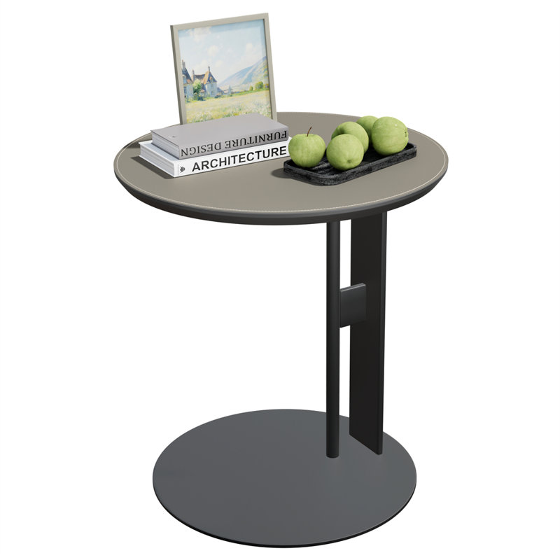 Round Coffee Table Saddle Leather Side End Table, Gray