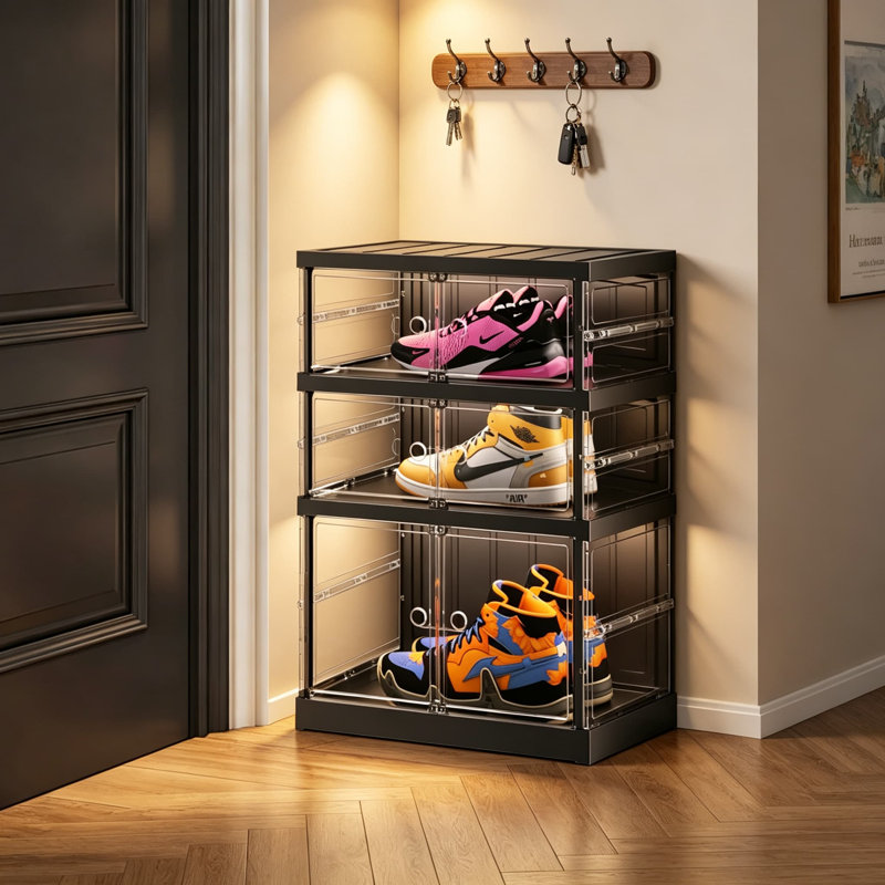 Range-chaussures pliable à 3 niveaux pour vestibule, boîtes de rangement pour chaussures empilables transparentes avec couvercles, étagère à chaussures en plastique avec porte, assemblage facile, peut contenir 6 paires