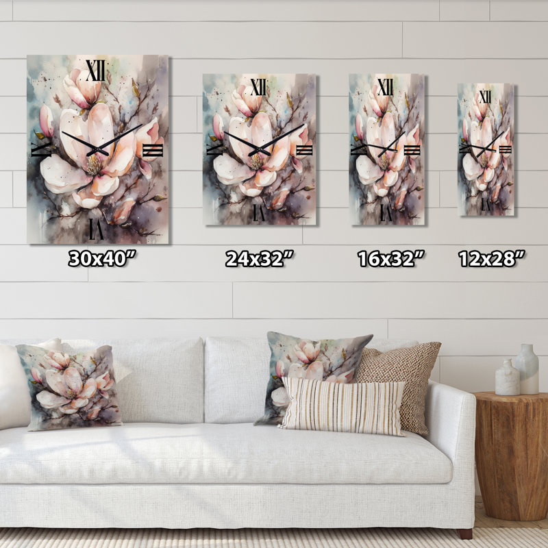 Jaleiya - Horloge murale moderne Magnolias floraux, H 32 po x l 24 po x P 1 po