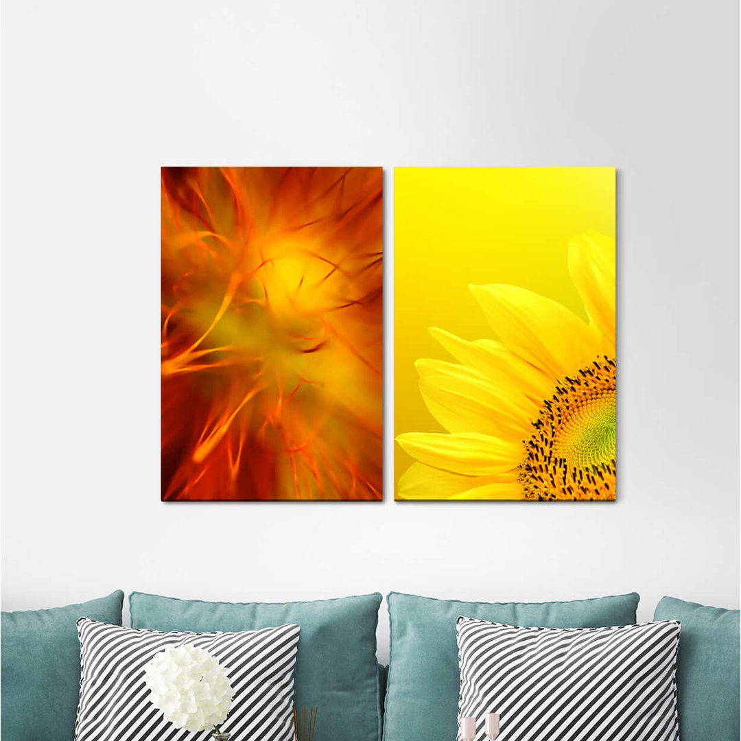 2-tlg. Leinwandbilder-Set - Grafikdruck „Sunflower Yellow Orangewarm Light Summer”