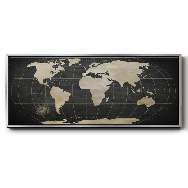 Carte du monde rétro - reproduction de cadre flottant sur toile, H 24 po x l 60 po x P 1,5 po, Argent