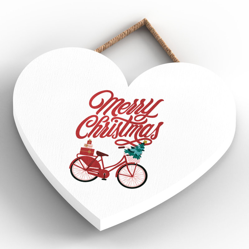 Xmas Merry Christmas Bicycle Wooden Heart Plaque, 10cm H x 9cm W x 0.5cm D