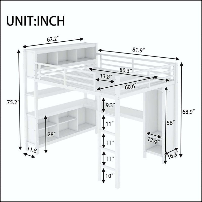 Lit mezzanine en métal avec garde-robe, bureau en L et cubes de rangement, Grand lit, Blanc cassé