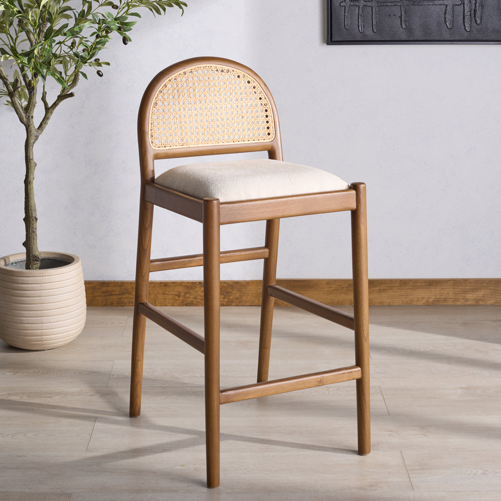 Ottavia 26" Bar Stool, Medium Oak/Boucle