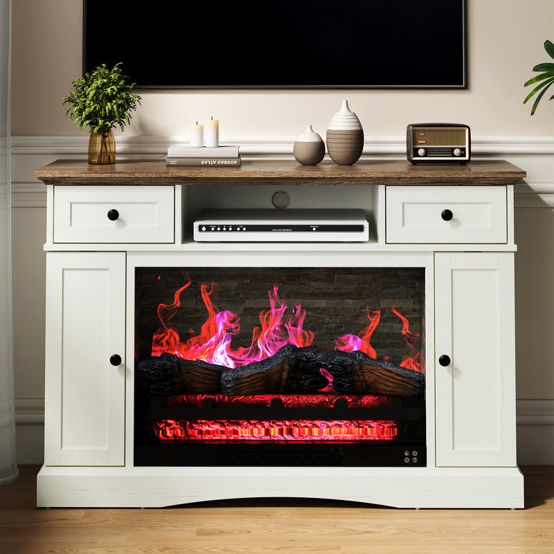 Meuble télé de style champêtre avec foyer électrique de 71 cm (28 pouces), console multimédia en panneaux de particules blancs pour téléviseurs jusqu'à 55 pouces (140 cm).