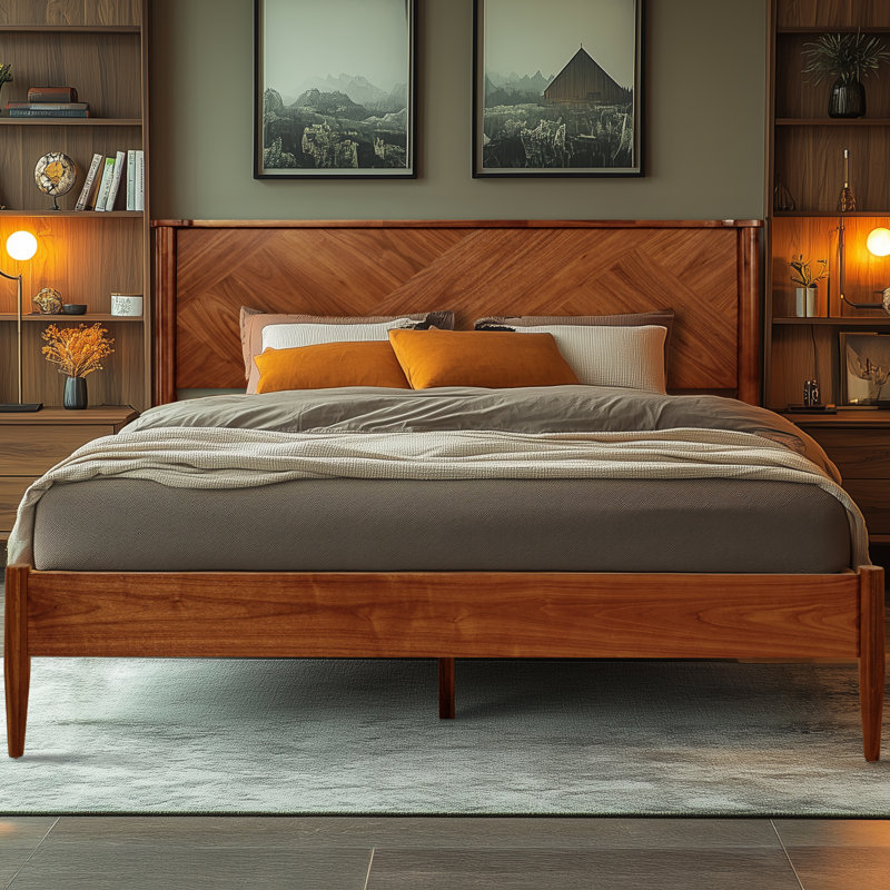 Kalleen Solid Wood Bed Frame with Artistic Patterned Headboard, King, Walnut