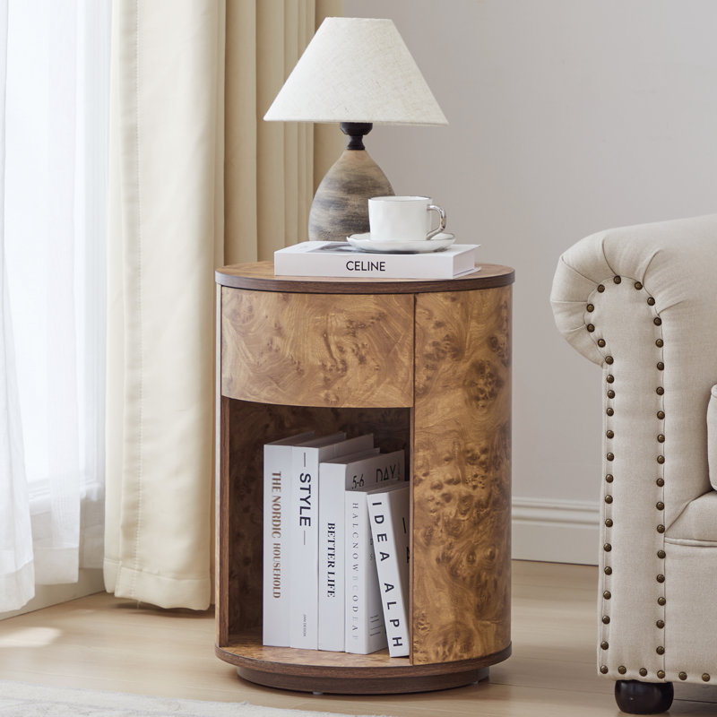 1 - Drawer Burl Wood Round End Table, Walnut