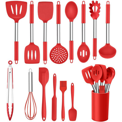 15 Pcs Silicone Cooking Utensil Set,stainless Steel Kitchen Utensils Set,non-stick Heat Resistant,red