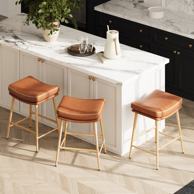Stylish Counter Upholstered Bar Stool, Metal Frame with Wood Grain, Faux Leather Seat, Mid - Century Modern for Kitchen Island