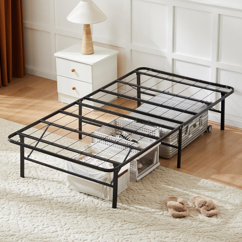 Foldable Heavy Duty Black Metal Bed Frame with Underbed Storage, 14'' High, No Box Spring, Twin