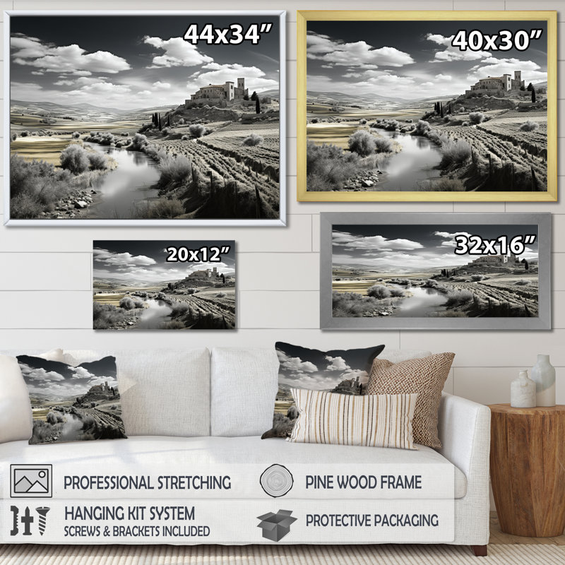 Paysage noir et blanc de l'Espagne sur toile, Cadre doré simple, H 16 po x l 32 po x P 1 po