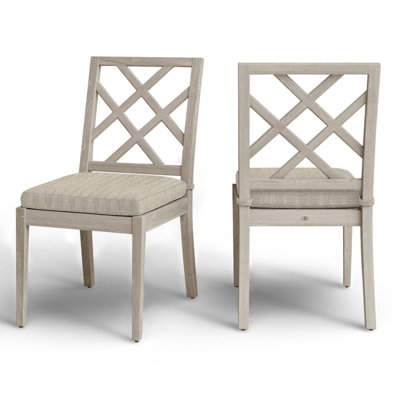 Haley Patio Dining Side Chair with Cushions, Oyster Teak, No Welt, Herringbone Sand