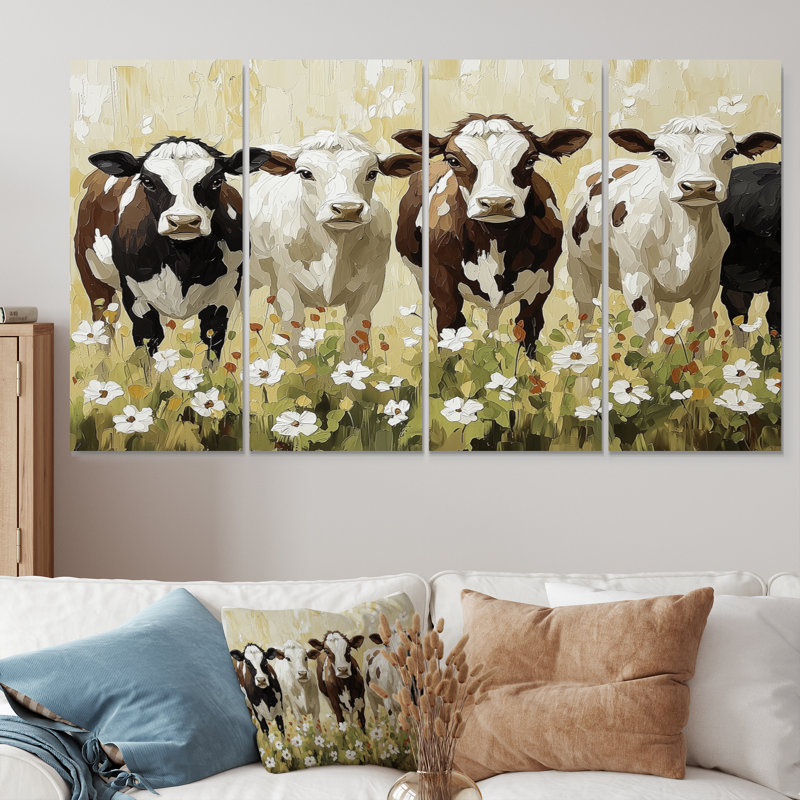 «Green and Brown Cow Grazing Farm Landscape II», ensemble d'art mural sur toile, H 28 po x l 48 po