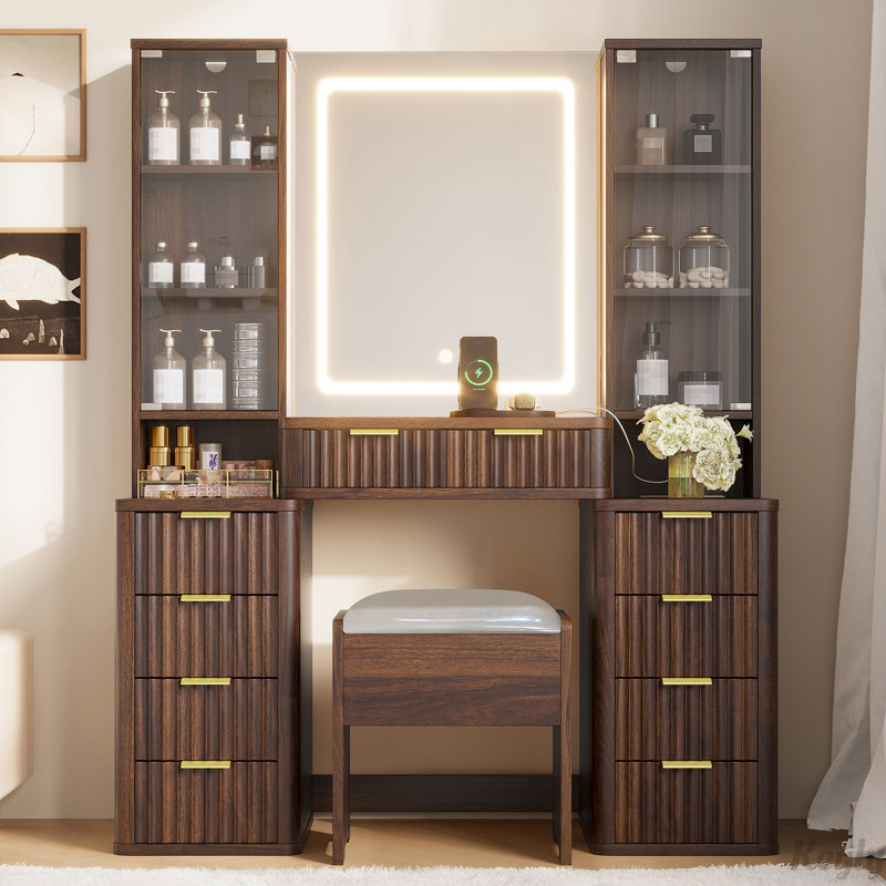43.5 Inch Fluted Makeup Vanity Desk With Mirror And Lights, Modern Glass Top Table With 10 Drawers & 2 Transparent Cabinets, Dressing Set With Stool And Charging Station, Brown