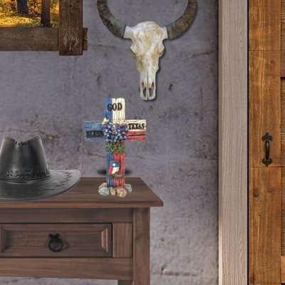 Résine God Bless Texas - fausse croix de bois - décoration de table rustique avec Bluebonnets & bottes - sculpture spirituelle de Jésus pour les amateurs de décoration intérieure du Texas - cadeau idéal pour les thèmes d'inspiration texane