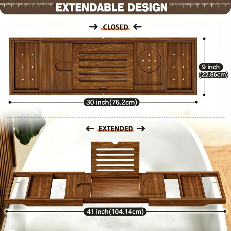 Expandable Solid Teak Wood Bathtub Caddy Tray, Adjustable Bath Tub Organizer for Bathroom Spa