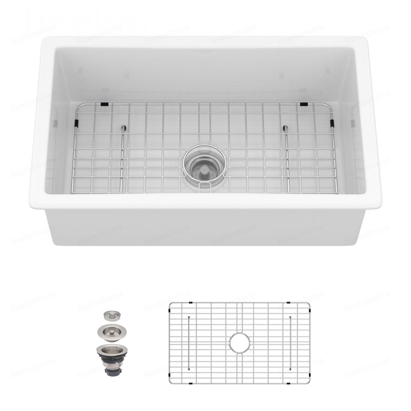 Évier de cuisine encastré 30 "x 18" x 10 "en argile réfractaire à simple cuve en porcelaine blanche