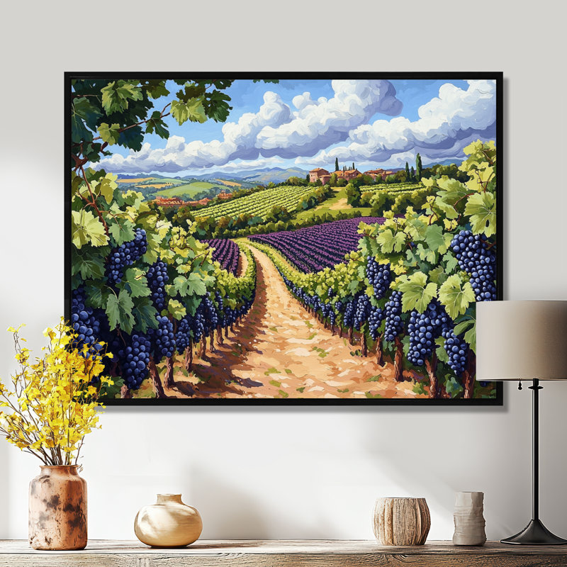Vineyard In California Summer I - vignoble, art mural, H 30 po x l 40 po, Cadre flottant, Noir