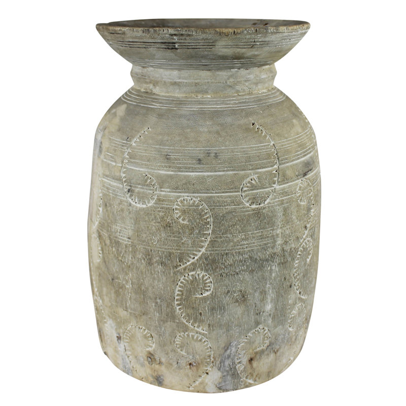 Sculpture de pot de bois tribal Eddystone, Blanc, H 15 po x l 9 po x P 9 po