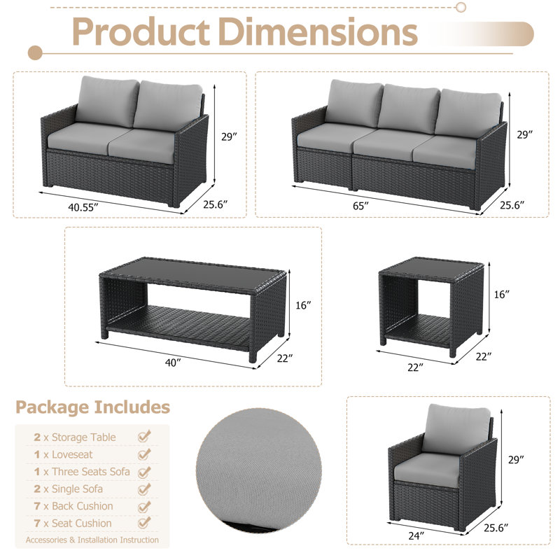 7 - Person Outdoor Seating Group with Cushions and Cover, Gray Cushion/Black Frame