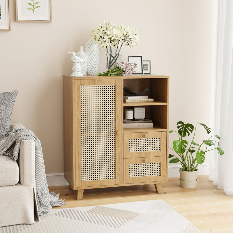 Rattan Sideboard Buffet Cabinet With Drawers And Adjustable Shelf For Living Room And Kitchen Storage | Gift Idea, Natural