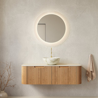 Meuble-lavabo 48 po, meuble-lavabo rayé à bords arrondis avec 2 tiroirs, cuve en pierre blanche et plateau en pierre frittée à motif de travertin, pré-assemblé, grain de bois naturel