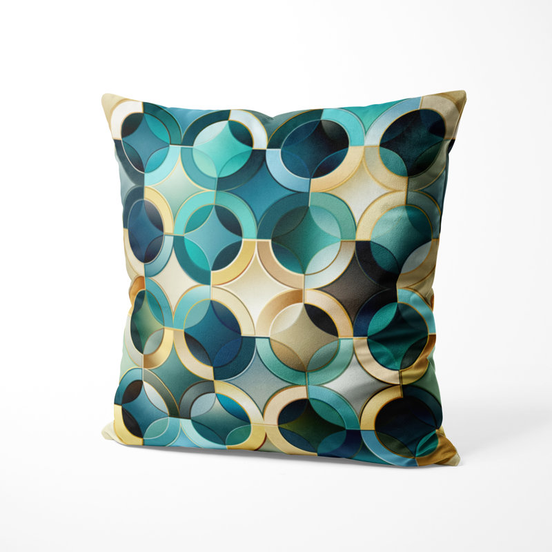 Geometric Printed Throw Pillow - Teal And Golden Modern Geometric Tiles Accent Pillow, 16"H x 16"W