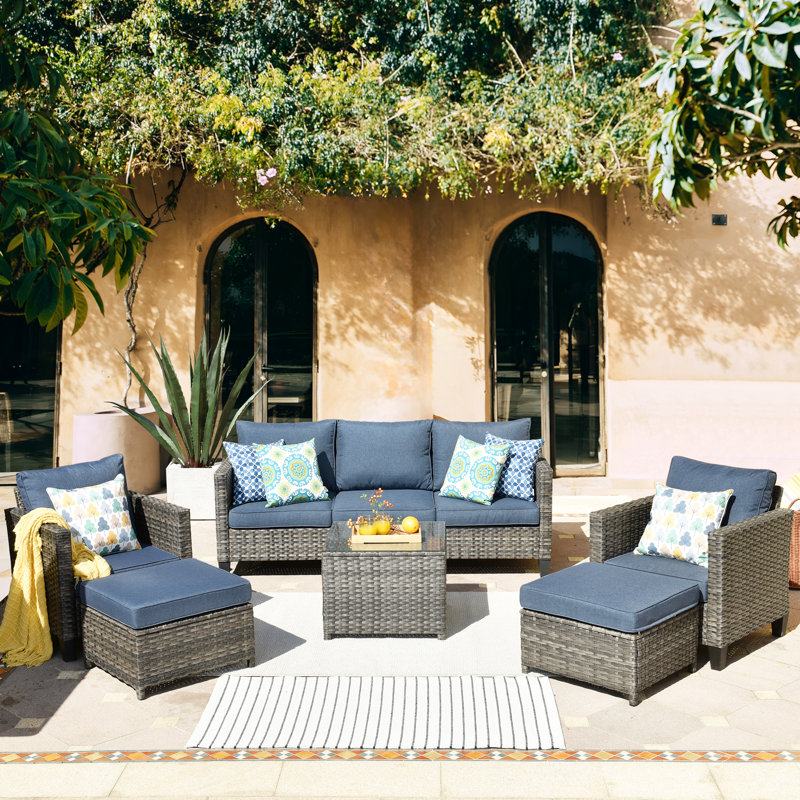 Allcot 5 - Person Wicker/Rattan Patio Furniture Set, Outdoor Sofa Set with Couch, Chairs, Ottomans, Throw Pillows, Coffee Table and Comfy Cushions
