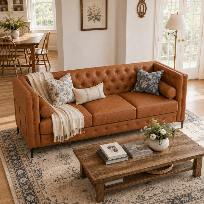 Canapé 78,5 po en similicuir Chesterfield, Brun