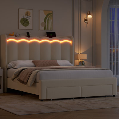 Velvet Upholstered Storage Kids Platform Bed with LED Lights