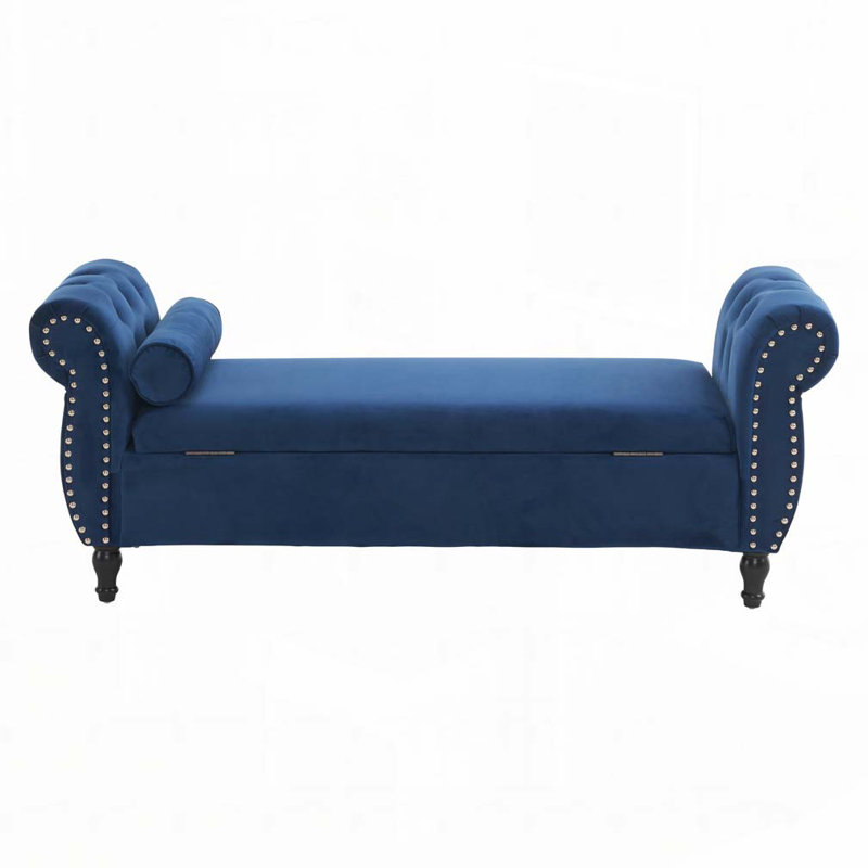 Banc de rangement en velours avec accoudoirs, Bleu marine antique
