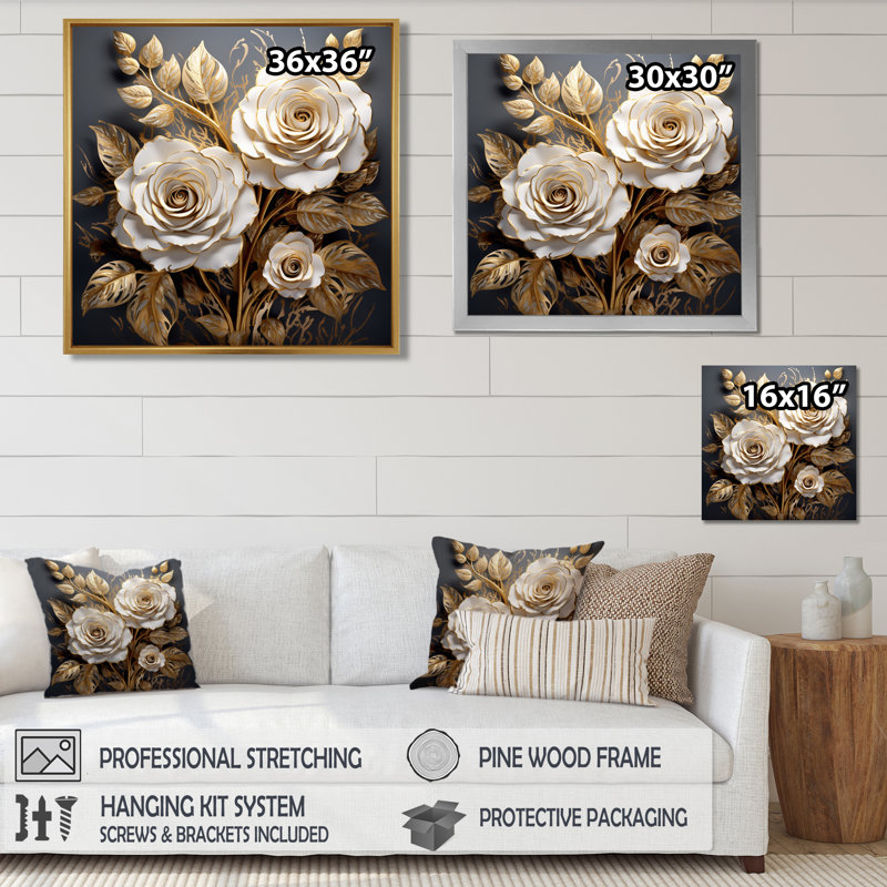 «White Rose Golden Leaves On Deep Blue III - Roses», art mural, Toile avec cadre flottant noir, H 16 po x l 16 po x P 1 po