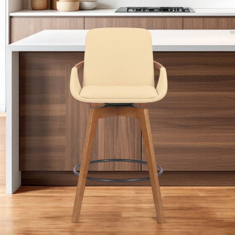 Luxurious Faux Leather And Swivel Bar Stool, Counter Stool (27” Seat Height), Cream Seat/Brown Frame