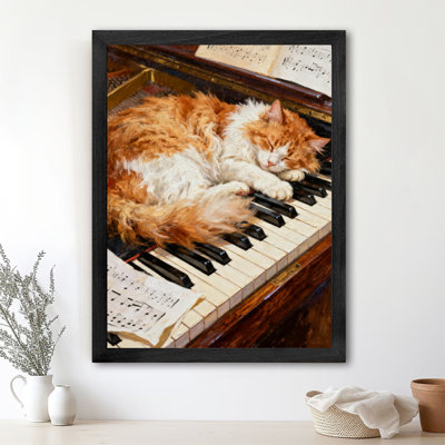 Art encadré noir, "Le chat orange qui dort sur le piano", reproduction d'art encadrée de style rétro