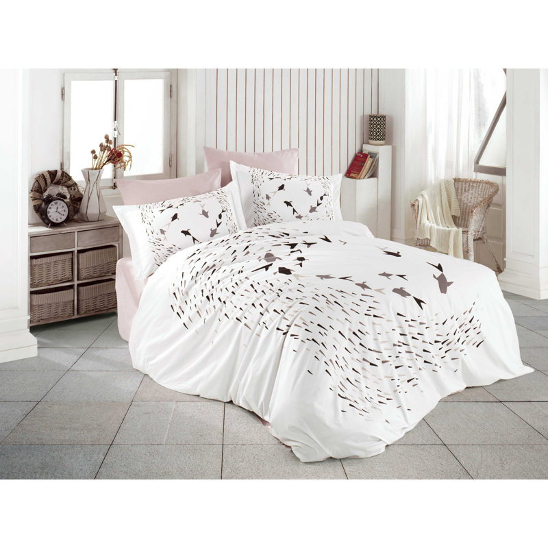 Ensemble de housse de couette en popeline Elegant, 100% coton, avec housse de couette (63 x 87), drap plat (63 x 95) et taie d'oreiller (20 x 28) | Lavable à la machine, fermeture à boutons, design élégant beige, gris et noir | Parfait pour les chambres confortables