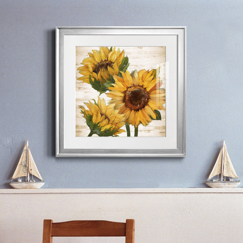 Tournesol d'été I - peinture encadrée, Cadre argenté, H 17,5 po x l 17,5 po x P 1,5 po