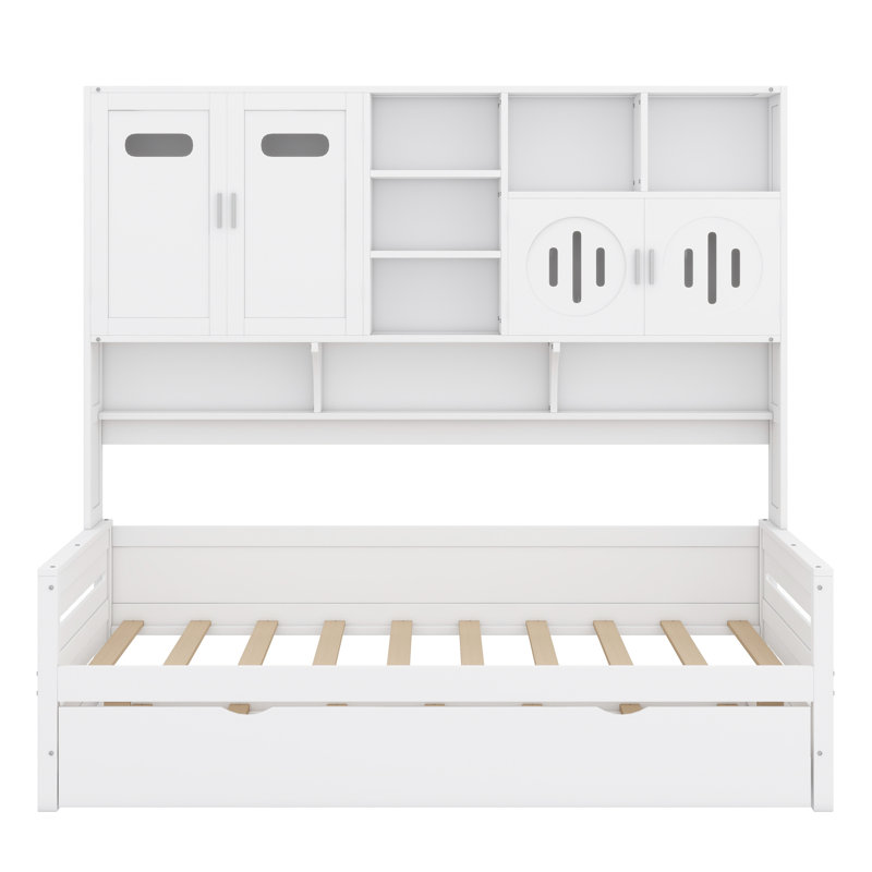 Wooden Daybed With Trundle,All-In-One Cabinet And Shelf, White, Twin