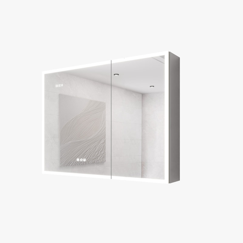 Armoire de salle de bain avec lumières 36 x 24 - Miroir à double porte, luminosité et température de couleur réglables, gradateur, indicateur de température de l'horloge, prises de médicaments à DEL pour la porte, contrôle, ports